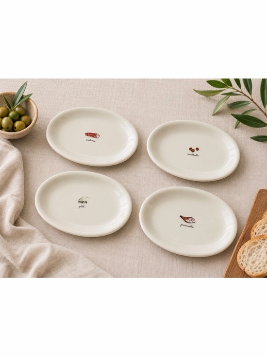 Rae Dunn Other - RAE DUNN • (Set of 4) Cream Meat-Themed Oval Ceramic Appetizer Plate Set